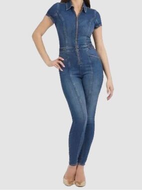 GUESS Blue Denim Short-Sleeve Collared  Jumpsuit